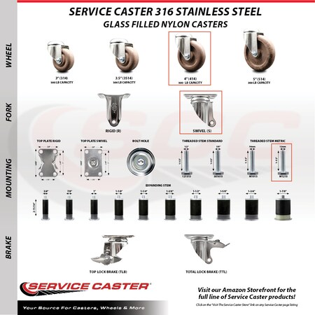 Service Caster 4 Inch 316SS High Temp Glass Filled Nylon Swivel 12mm Threaded Stem Caster SCC-SS316TS20S414-GFNSHT-M1215
